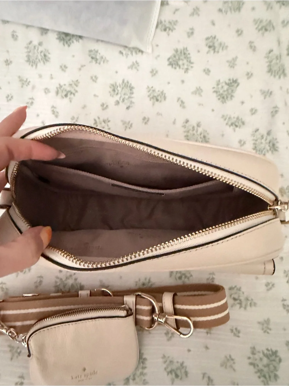 kate spade Blush Cream Leather Crossbody with Striped Strap and Coin Pouch